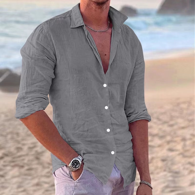 Men'S Long Sleeve Shirt Spring and Autumn Solid Color Lapel Casual Beach Style Cotton and Linen Selling Top