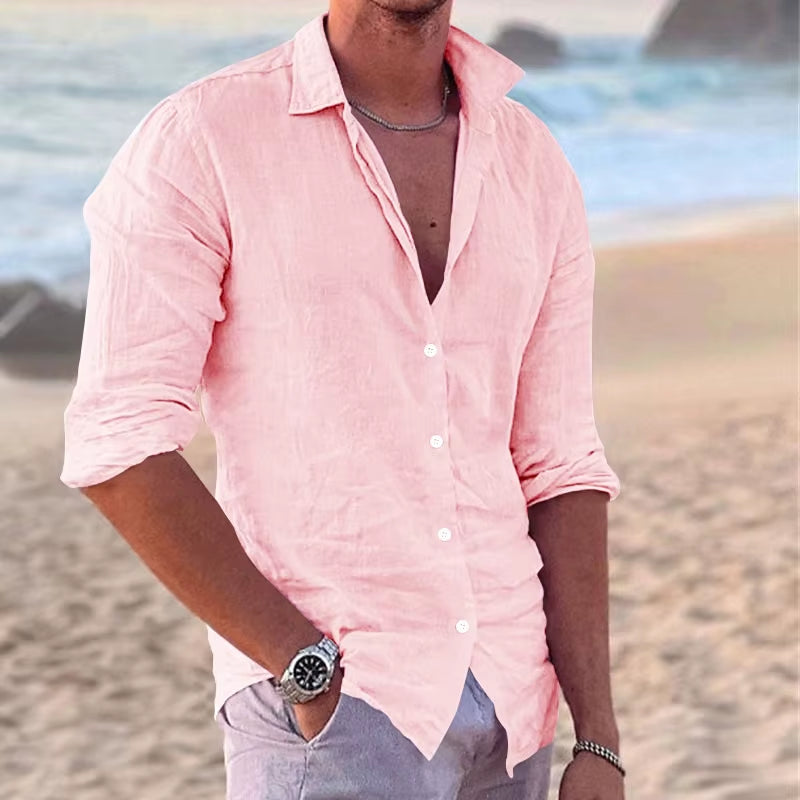 Men'S Long Sleeve Shirt Spring and Autumn Solid Color Lapel Casual Beach Style Cotton and Linen Selling Top