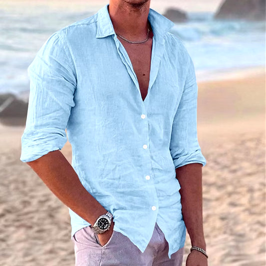 Men'S Long Sleeve Shirt Spring and Autumn Solid Color Lapel Casual Beach Style Cotton and Linen Selling Top