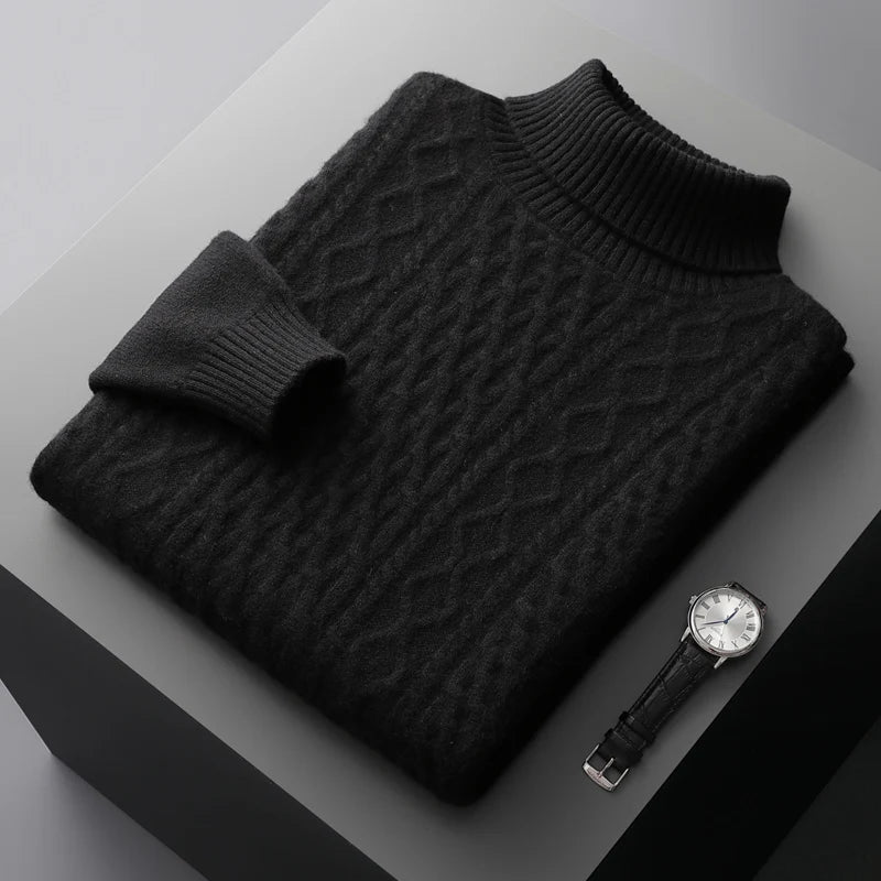 Autumn and Winter Men'S 100% Wool Cashmere Sweater Turtleneck Knit Pullover Thick plus Size Bottoming Shirt Fashion Warm Top