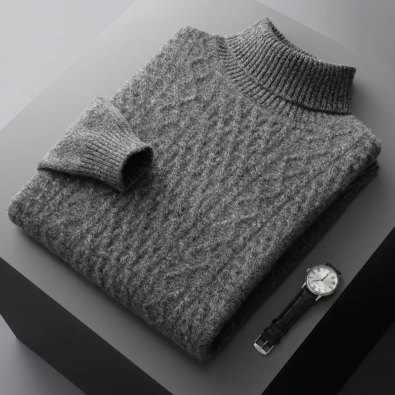 Autumn and Winter Men'S 100% Wool Cashmere Sweater Turtleneck Knit Pullover Thick plus Size Bottoming Shirt Fashion Warm Top