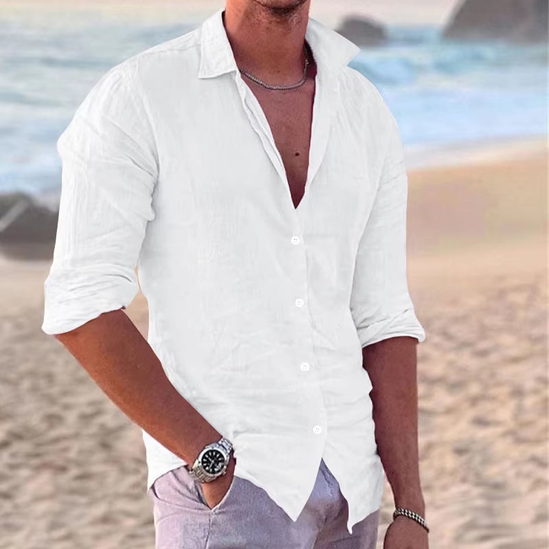 Men'S Long Sleeve Shirt Spring and Autumn Solid Color Lapel Casual Beach Style Cotton and Linen Selling Top