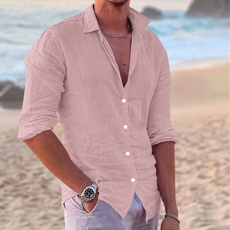 Men'S Long Sleeve Shirt Spring and Autumn Solid Color Lapel Casual Beach Style Cotton and Linen Selling Top